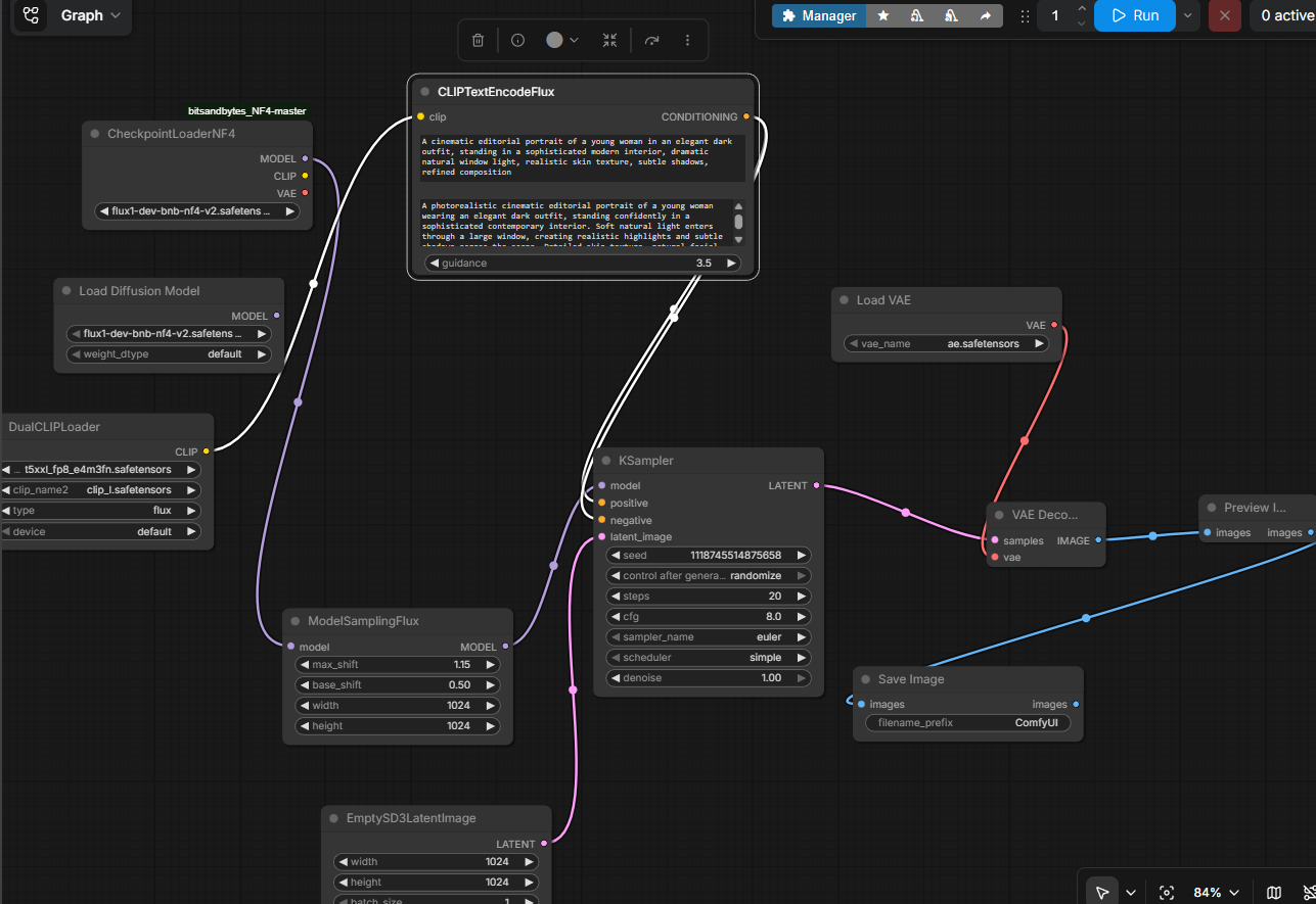 Initial FLUX.1-dev ComfyUI workflow using NF4 and bitsandbytes quantization