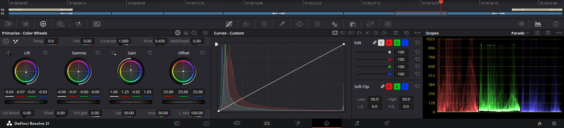 DaVinci Resolve Color page showing color grading controls and scopes