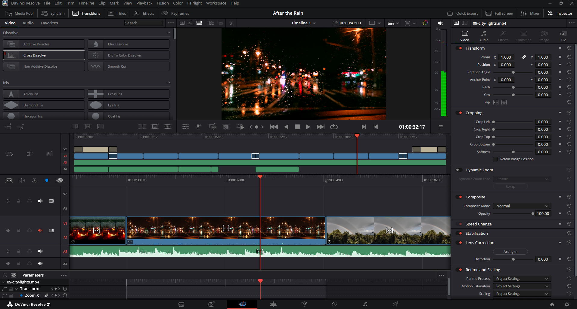 DaVinci Resolve editing timeline showing video cuts, transitions and audio tracks